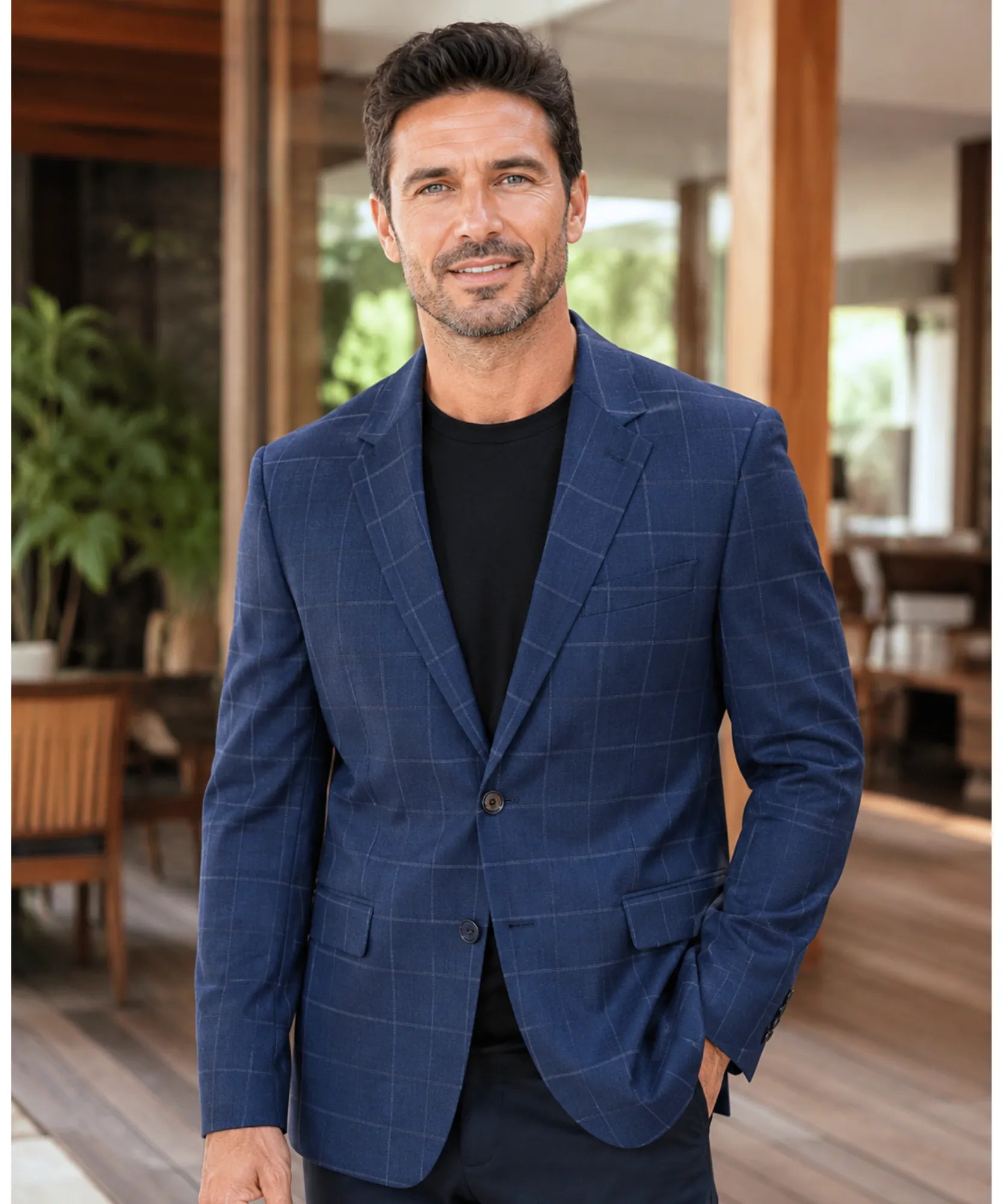 Comprar blazer masculino slim xadrez azul marinho em promoção Anellimn