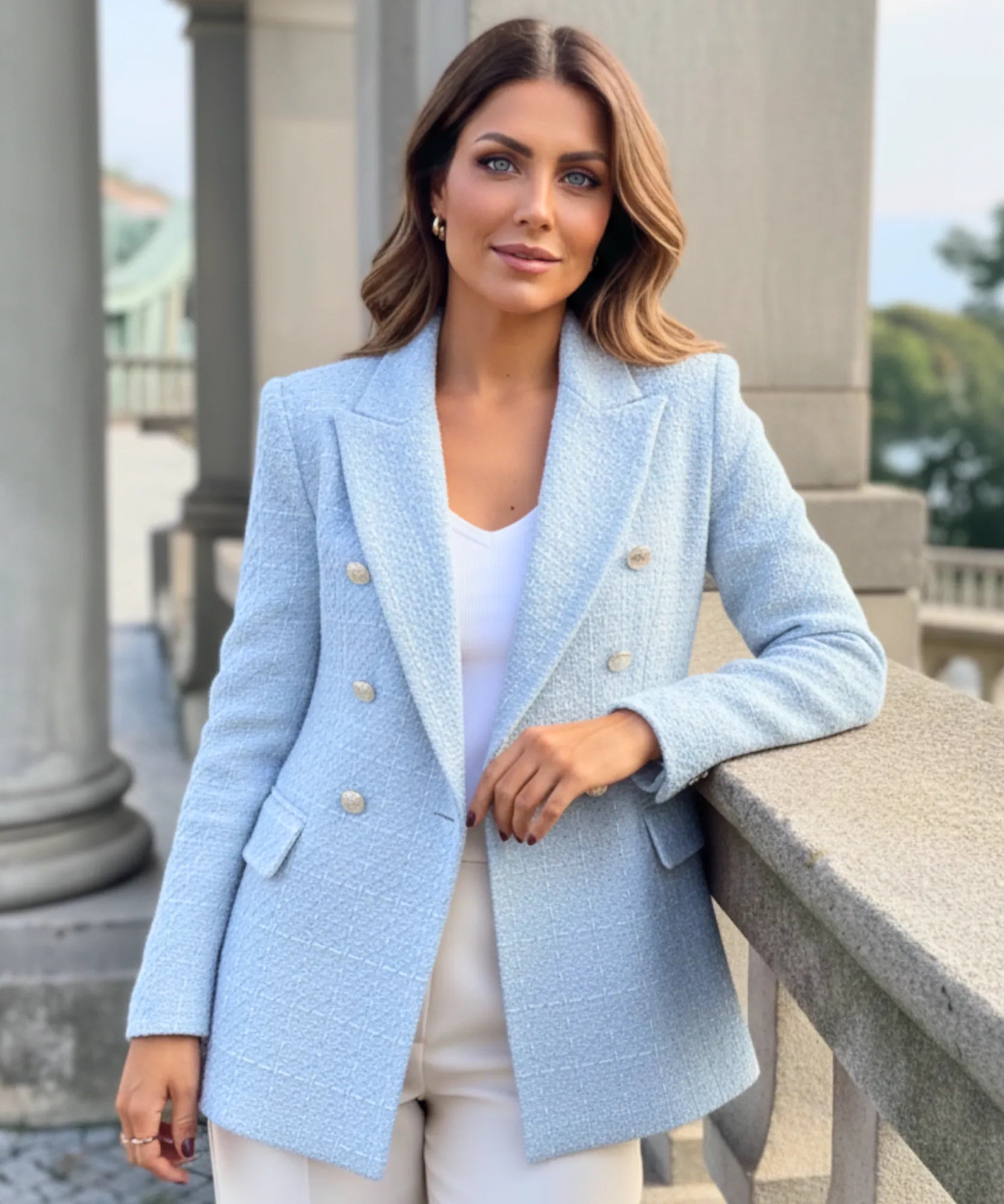 Comprar blazer tweed feminino alfaiataria azul estruturado transpassado com forro respirável em promoção ANELLIMN

