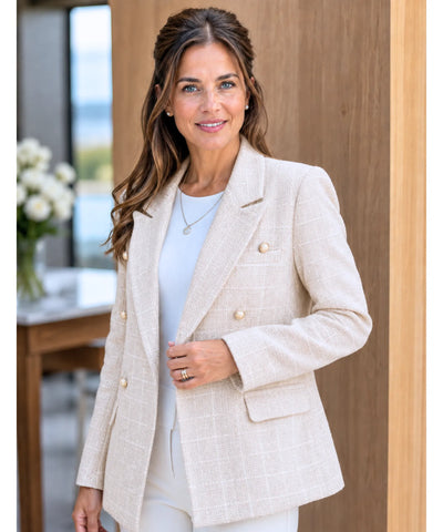 Comprar blazer tweed feminino alfaiataria estruturado transpassado com forro respirável em promoção ANELLIMN 