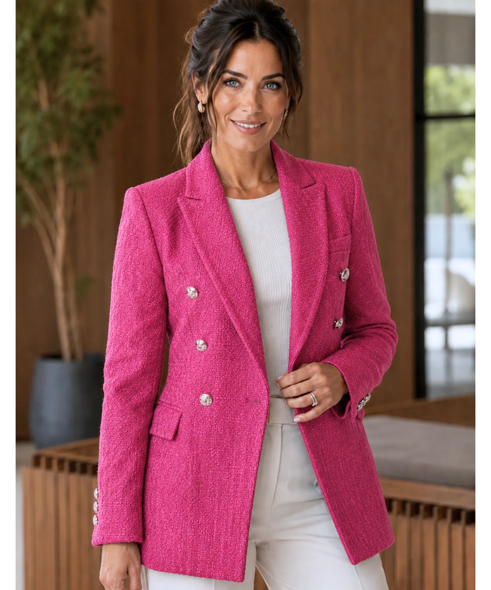 Comprar blazer tweed feminino alfaiataria estruturado transpassado com forro respirável em promoção ANELLIMN 