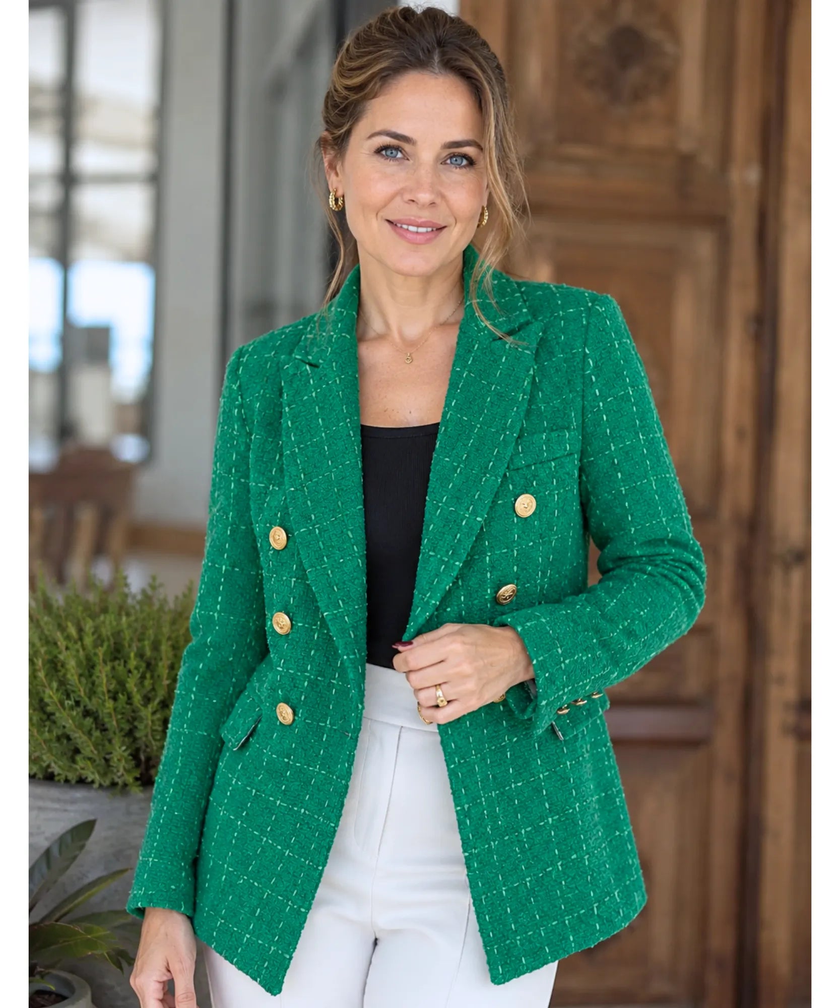 Comprar blazer tweed feminino alfaiataria estruturado transpassado com forro respirável em promoção ANELLIMN 