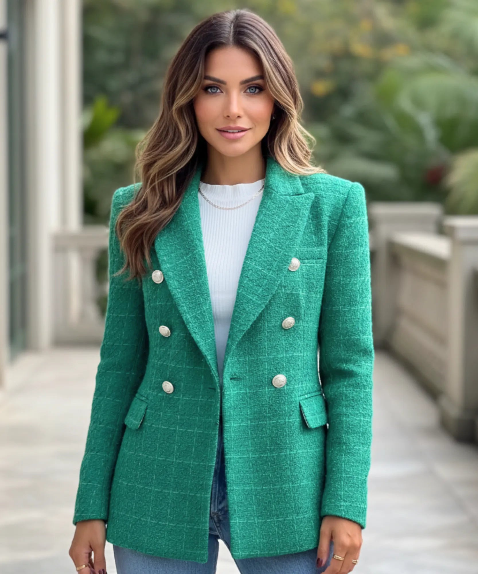 Comprar blazer tweed feminino alfaiataria verde estruturado transpassado com forro respirável em promoção ANELLIMN

