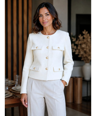 Comprar blazer tweed feminino cropped gola careca botões dourados barato ou em promoção ANELLIMN