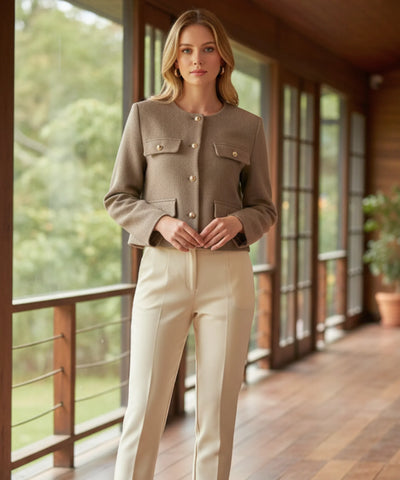 Comprar blazer tweed feminino cropped gola careca botões dourados barato ou em promoção