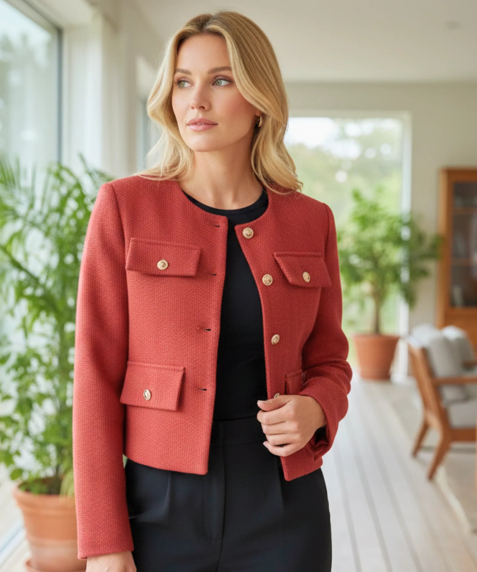 Comprar blazer tweed feminino cropped gola careca botões dourados barato ou em promoção