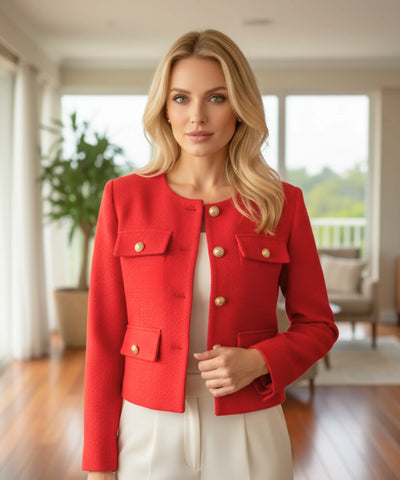 Comprar blazer tweed feminino cropped gola careca botões dourados barato ou em promoção