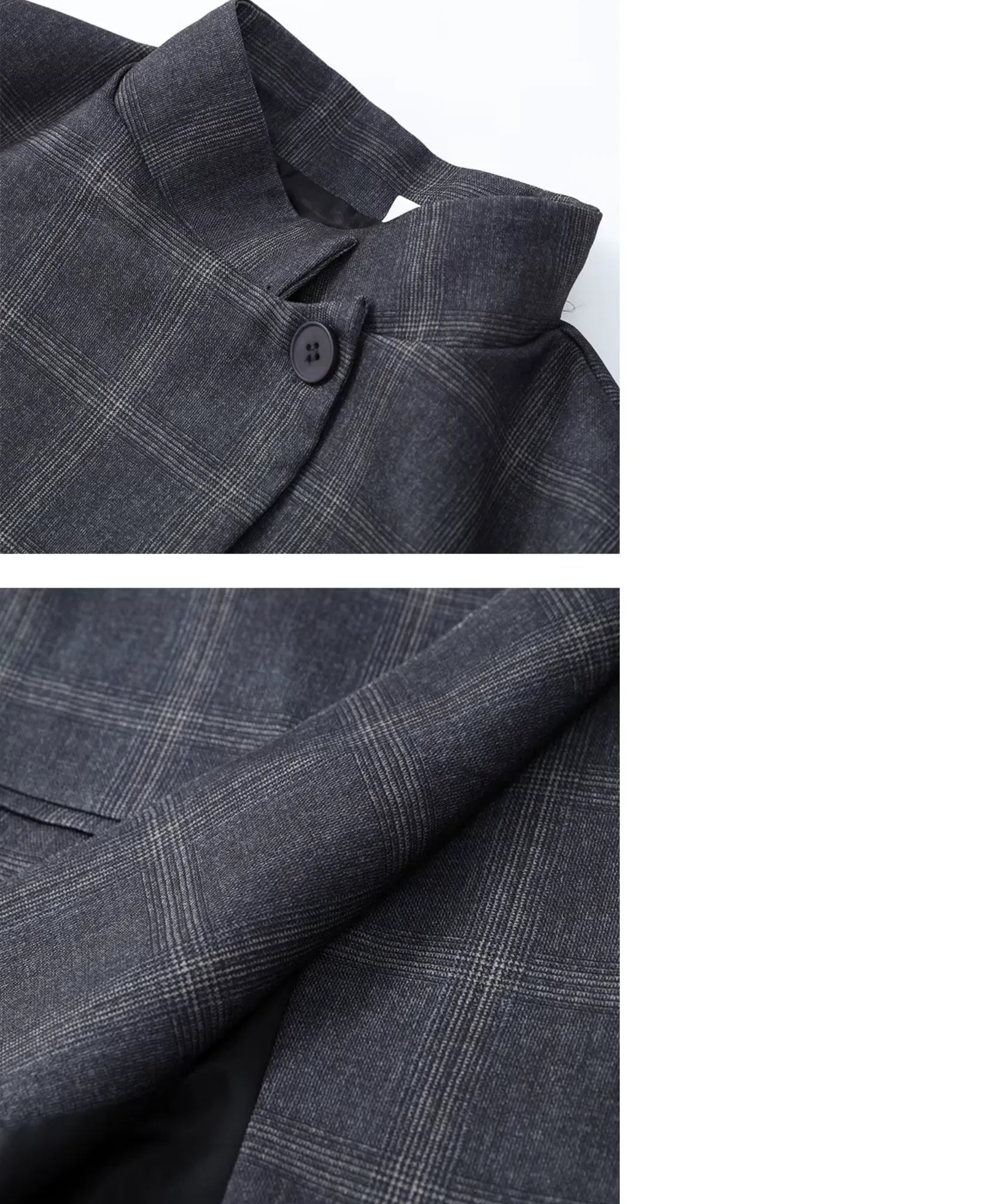 Detalhe da gola alta, do botão e da manga do blazer xadrez cinza