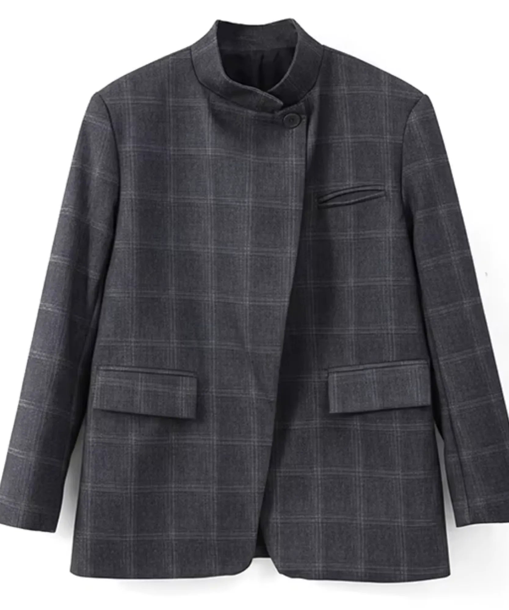 Comprar blazer xadrez feminino assimétrico cinza em promoção Anellimn