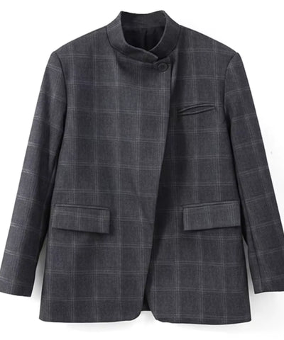 Comprar blazer xadrez feminino assimétrico cinza em promoção Anellimn