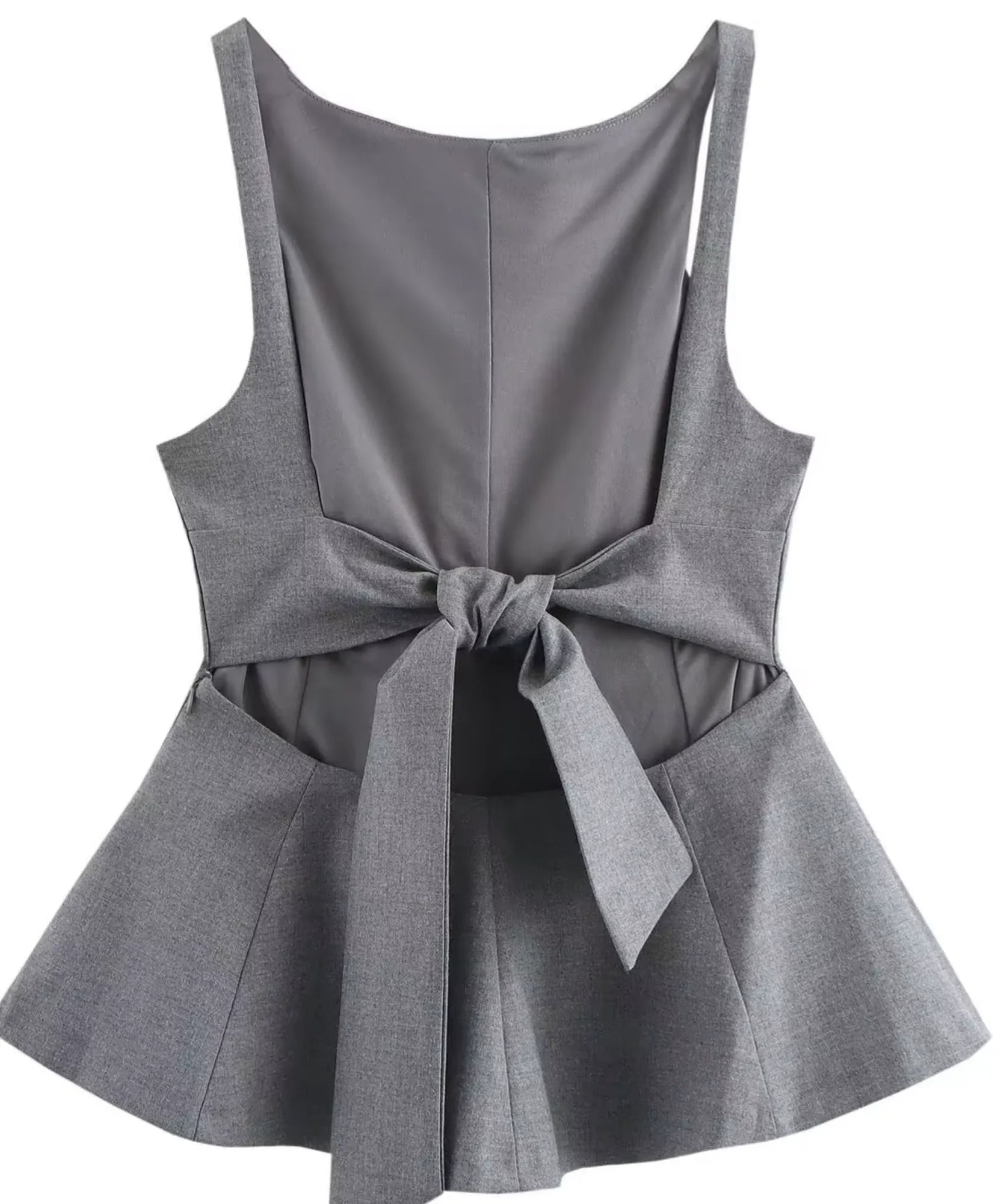 Comprar blusa alfaiataria feminina peplum com laço nas costas cinza em promoção Anellimn
