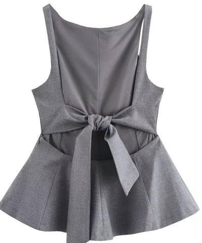 Comprar blusa alfaiataria feminina peplum com laço nas costas cinza em promoção Anellimn