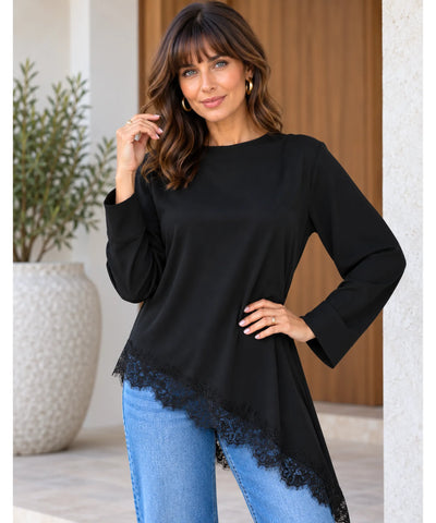Comprar blusa assimétrica com renda feminina preta em promoção Anellimn