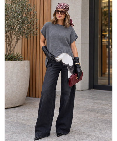 Comprar blusa assimétrica feminina de tricô gola redonda cinza em promoção Anellimn