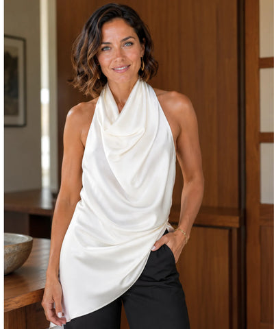 Comprar blusa assimétrica feminina sem manga off white em promoção Anellimn