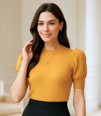Compr Blusa canelada feminina amarelo com manga bufante e gola alta elegante em tricô encorpado para look casual ou social barato PRINCIPESSA
