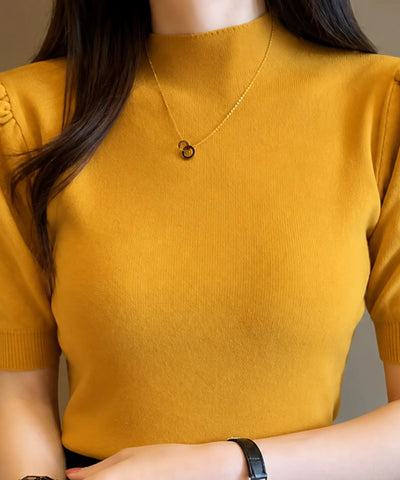 Comprar Blusa canelada feminina com manga bufante e gola alta elegante em tricô encorpado para look casual ou social outono inverno barato e em promoção ANELLIMN