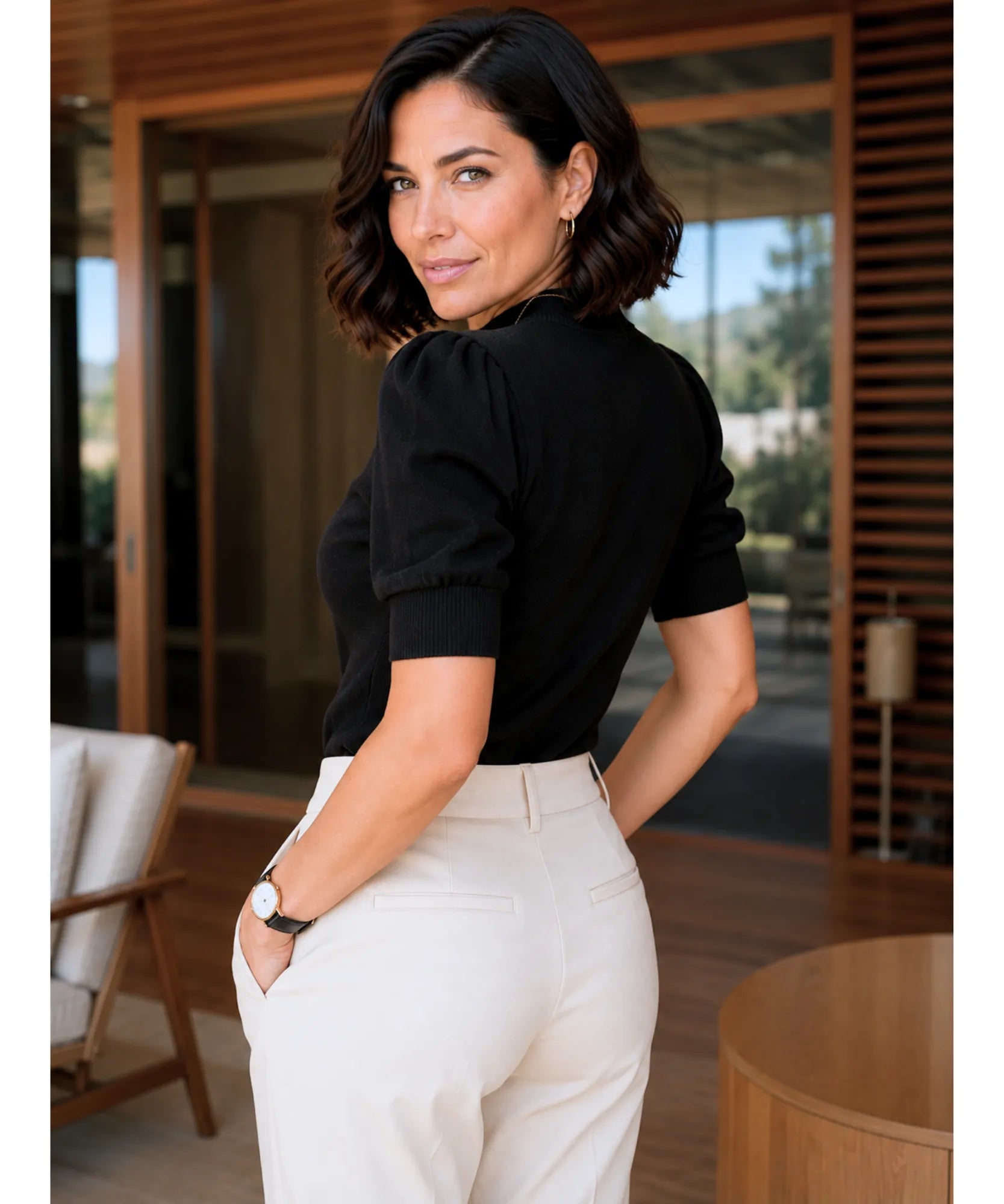 Comprar Blusa canelada feminina com manga bufante e gola alta elegante em tricô encorpado para look casual ou social outono inverno barato e em promoção ANELLIMN