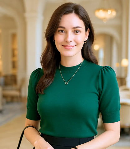 Compr Blusa canelada feminina verde com manga bufante e gola alta elegante em tricô encorpado para look casual ou social barato PRINCIPESSA
