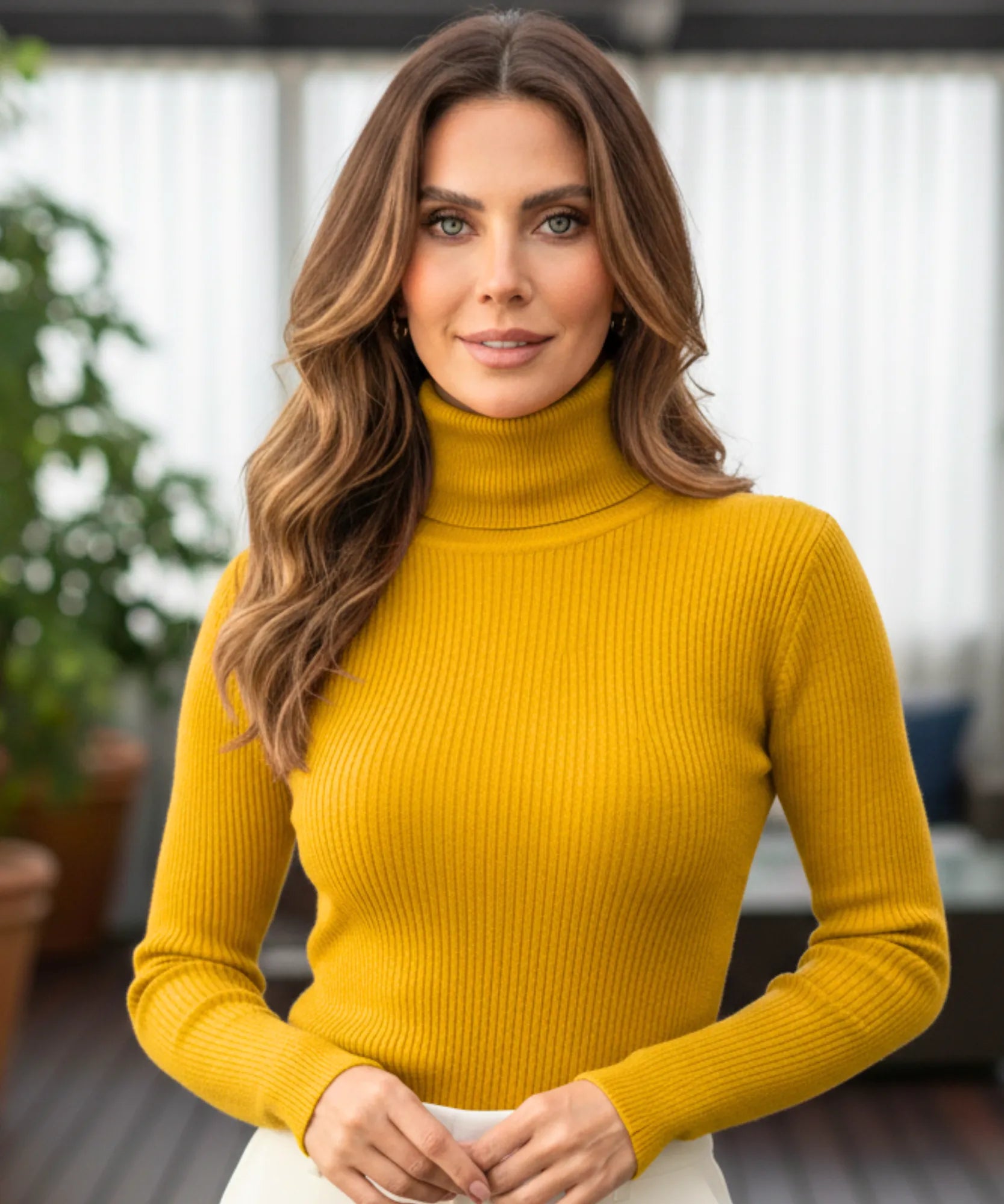 Comprar Blusa canelada feminina de tricot com gola alta para inverno elegante barato ANELLIMN