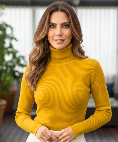 Comprar Blusa canelada feminina de tricot com gola alta para inverno elegante barato ANELLIMN