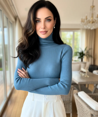 Comprar Blusa canelada feminina de tricot com gola alta para inverno elegante barato ANELLIMN