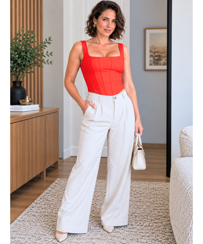 Look completo com blusa corset vermelha e calça branca pantalona de cintura alta