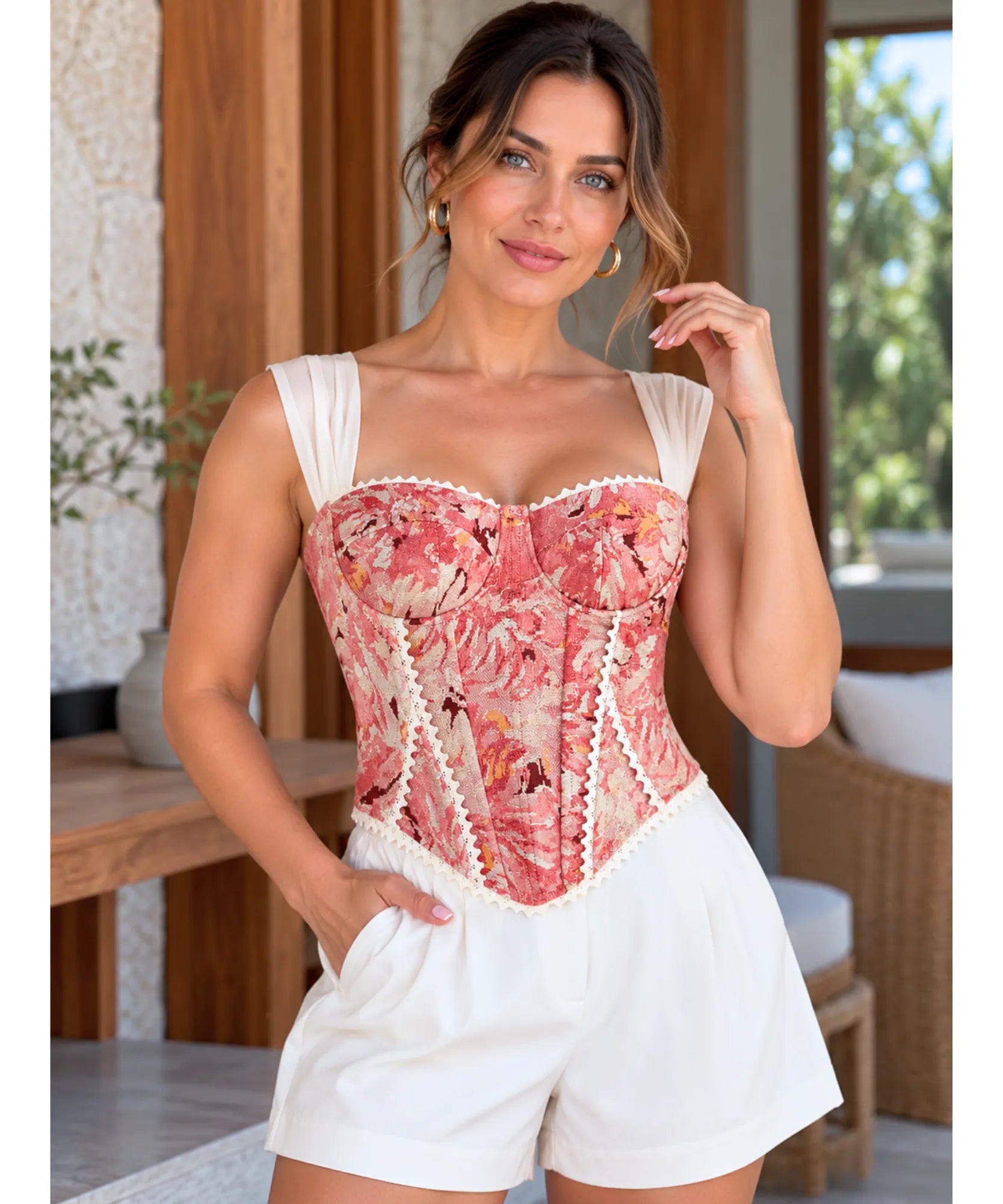 Comprar blusa corset rosa jacquard vintage barata Anellimn