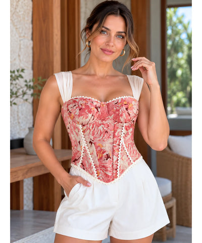 Comprar blusa corset rosa jacquard vintage barata Anellimn