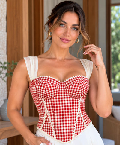 Comprar blusa corset xadrez vermelho com alça de tule barata Anellimn