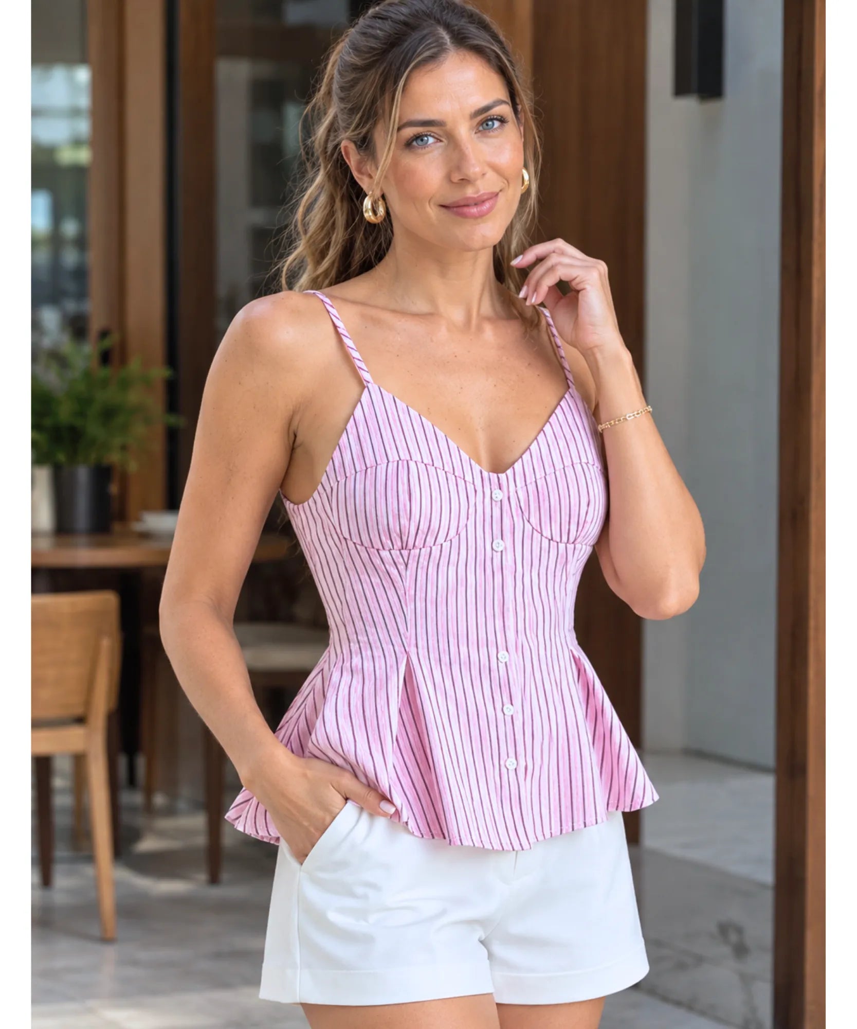 Comprar blusa de alcinha peplum vermelho listrado feminina em promoção Anellimn
