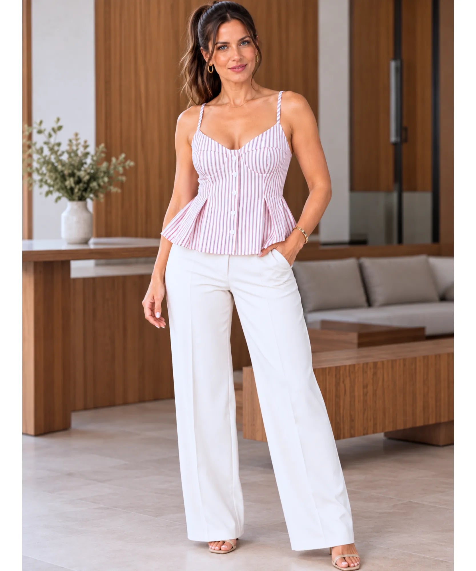 Comprar blusa de alcinha peplum vermelho listrado com calça branca em promoção Anellimn