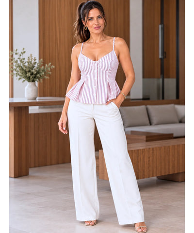 Comprar blusa de alcinha peplum vermelho listrado com calça branca em promoção Anellimn