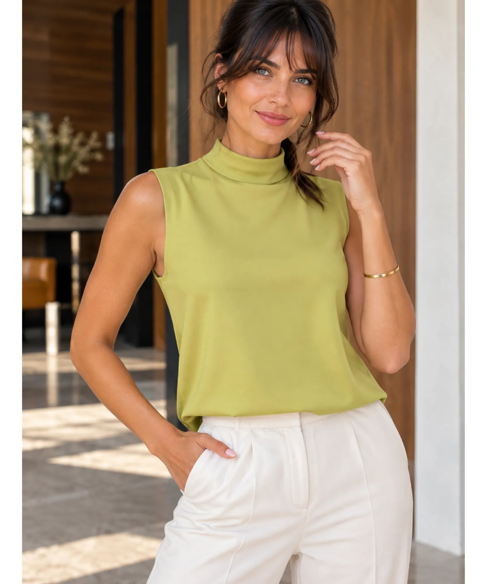 Comprar blusa de cetim sem manga verde limão elegante barata Anellimn