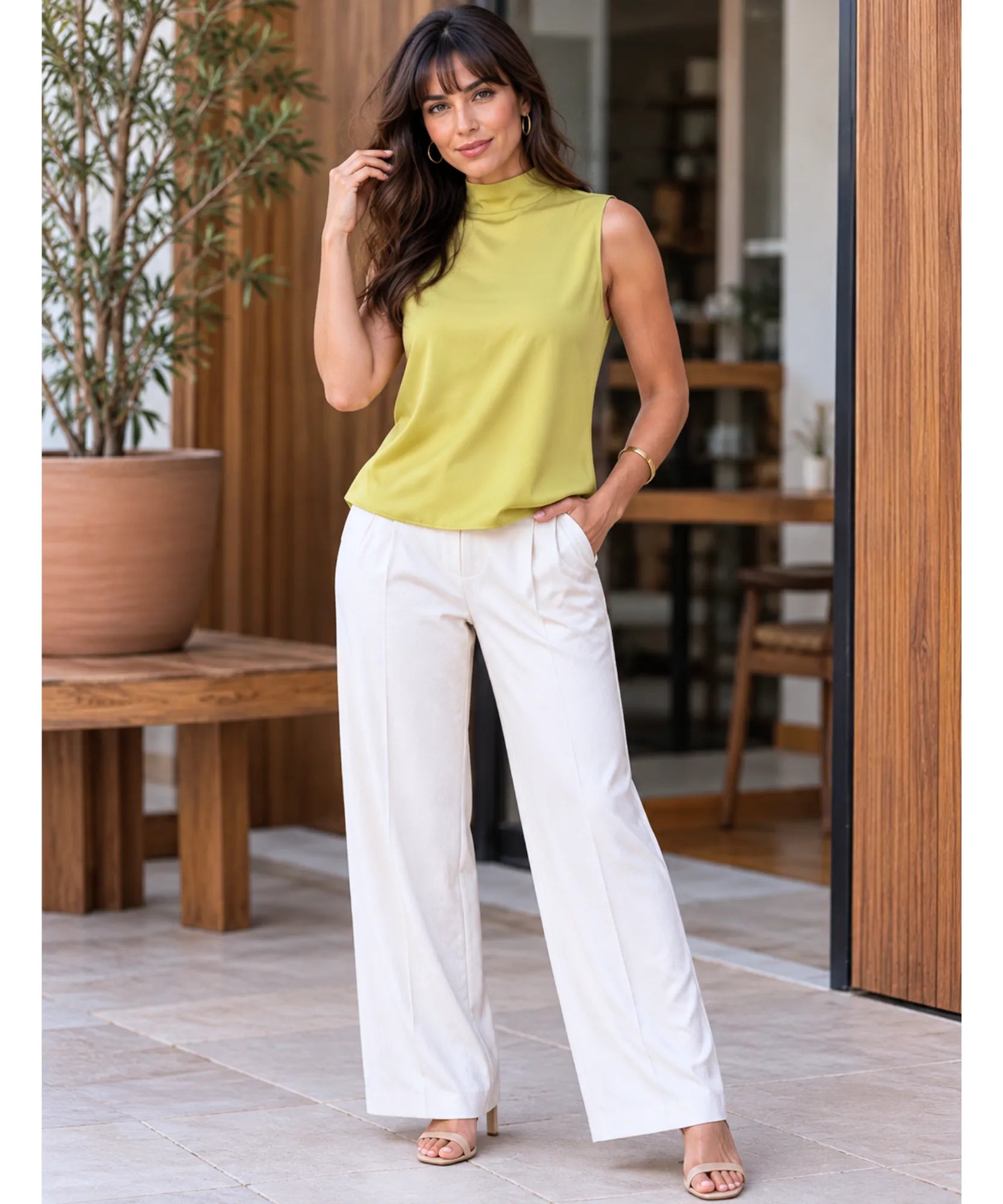 Comprar blusa de cetim feminina gola alta verde limão look completo barata Anellimn