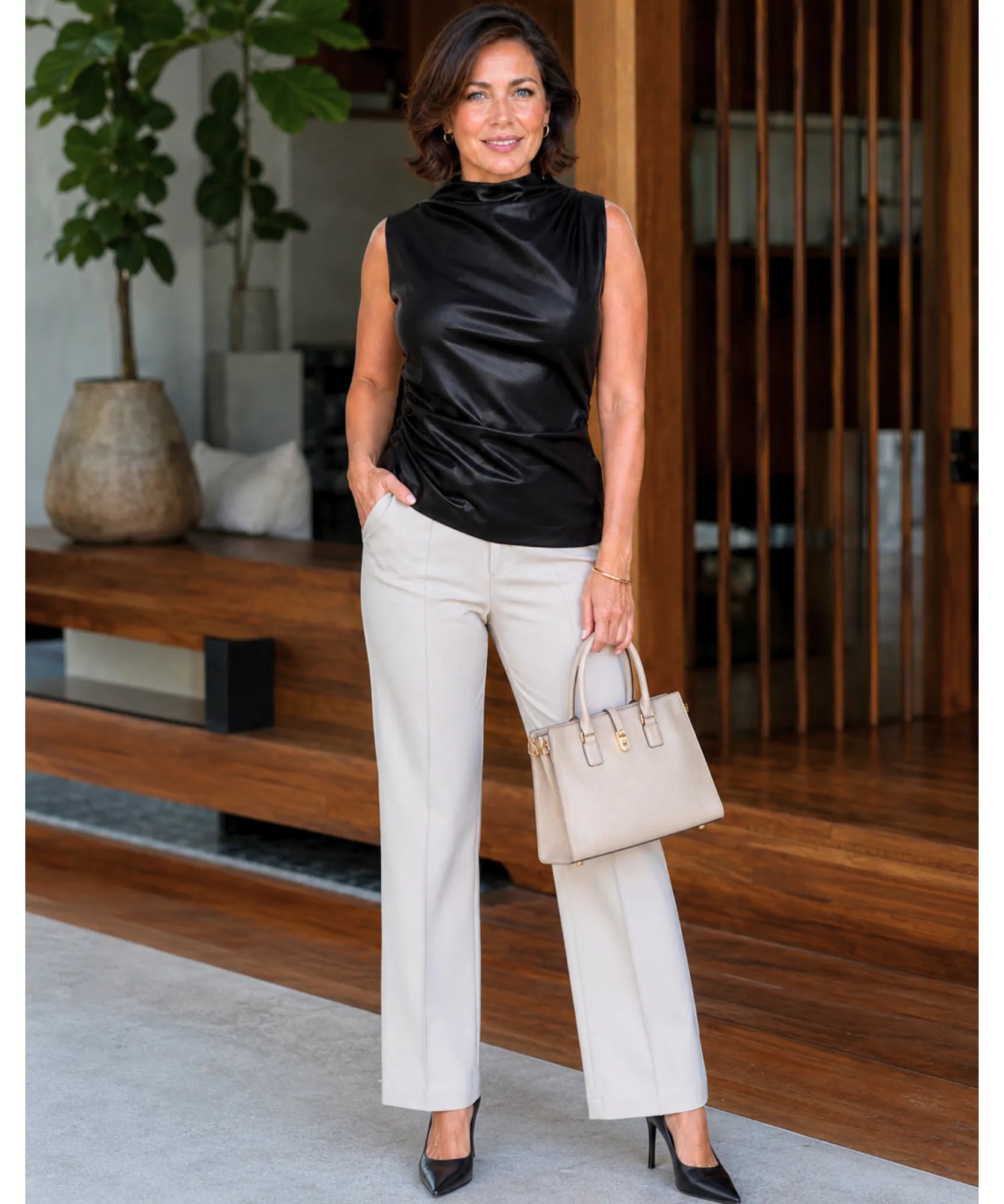 Comprar blusa elegante feminina assimétrica couro sintético gola alta social festa escritório moderna sofisticada barato ANELLIMN