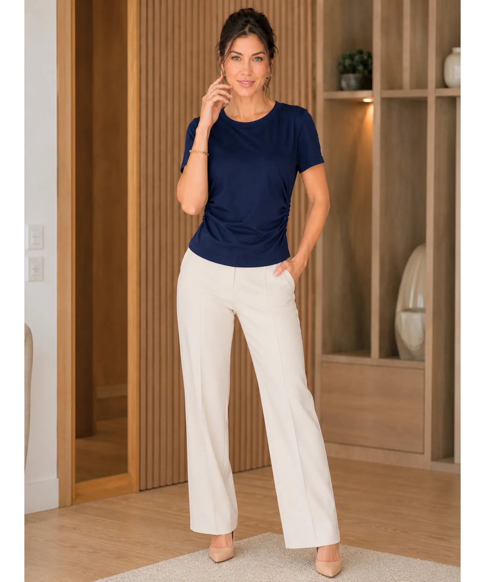 Comprar blusa feminina básica manga curta gola redonda confortável casual trabalho verão leve barato ANELLIMN