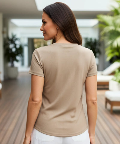 Comprar blusa feminina básica bege  manga curta gola redonda confortável casual trabalho verão leve barato ANELLIMN
