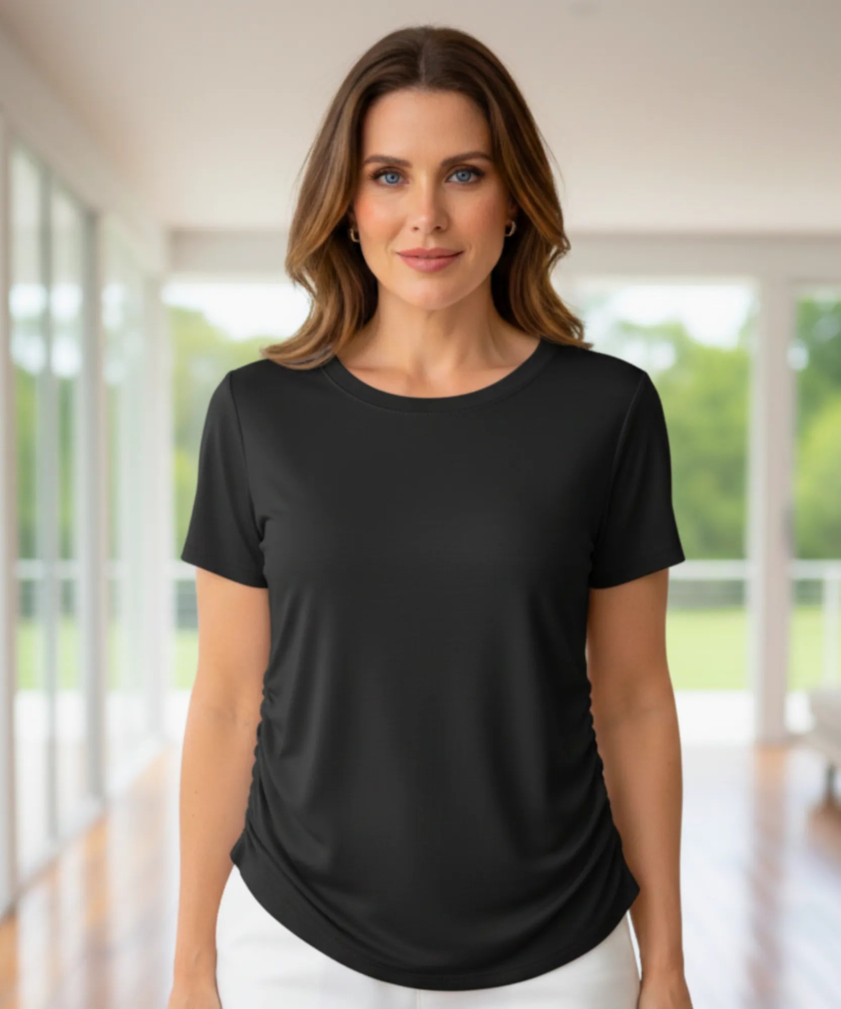 Comprar blusa feminina básica preto manga curta gola redonda confortável casual trabalho verão leve barato ANELLIMN
