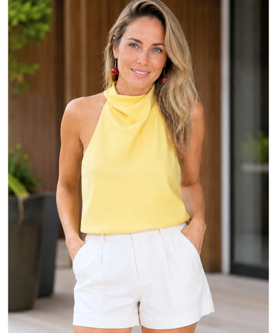 Comprar blusa feminina frente única de cetim gola drapeada elegante e versátil para looks casuais ou sofisticados barato ANELLIMN