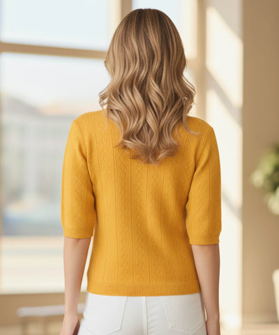 Comprar blusa feminina malha tricô manga curta tramas vazadas macia elegante trabalho barato ou em promoção