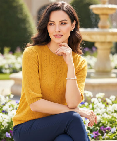Comprar blusa feminina malha tricô manga curta tramas vazadas macia elegante trabalho barato ou em promoção