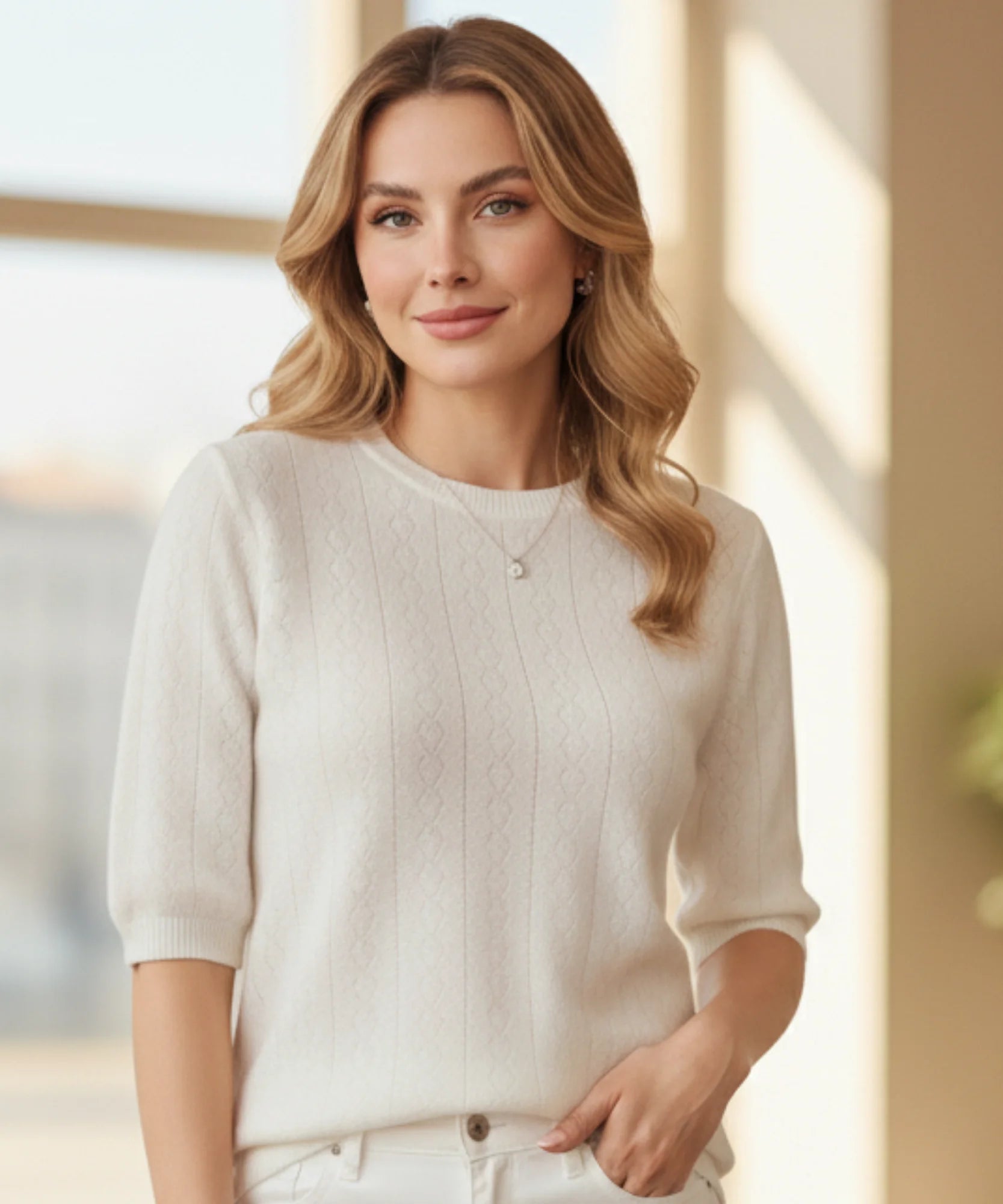Comprar blusa feminina malha tricô manga curta tramas vazadas macia elegante trabalho barato ou em promoção