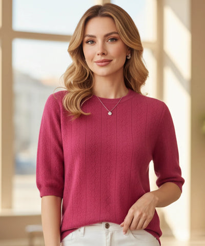 Comprar blusa feminina malha tricô manga curta tramas vazadas macia elegante trabalho barato ou em promoção