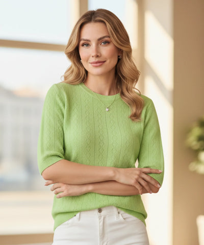 Comprar blusa feminina malha tricô manga curta tramas vazadas macia elegante trabalho barato ou em promoção