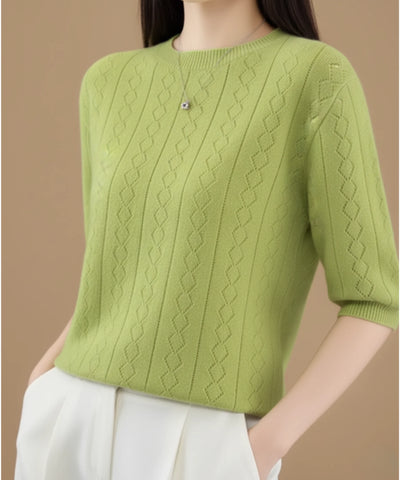 Comprar blusa feminina malha tricô manga curta tramas vazadas macia elegante trabalho barato ou em promoção