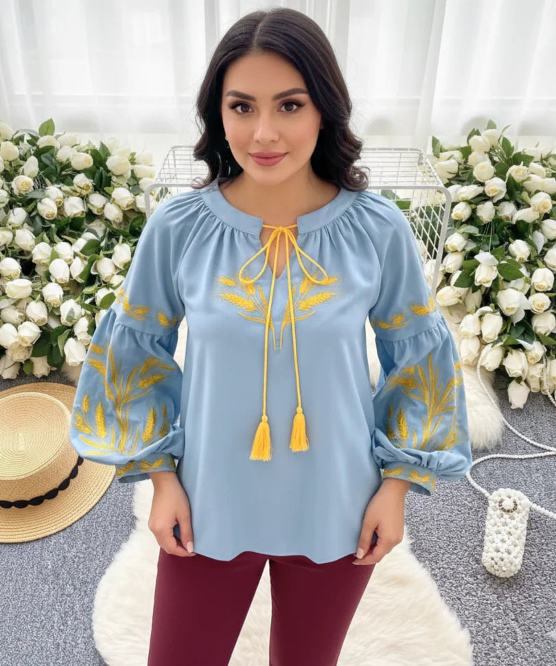Comprar blusa feminina manga bufante bordada decote canoa elegante casual barato ou em promoção