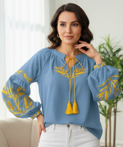 Comprar blusa feminina manga bufante bordada decote canoa elegante casual barato ou em promoção
