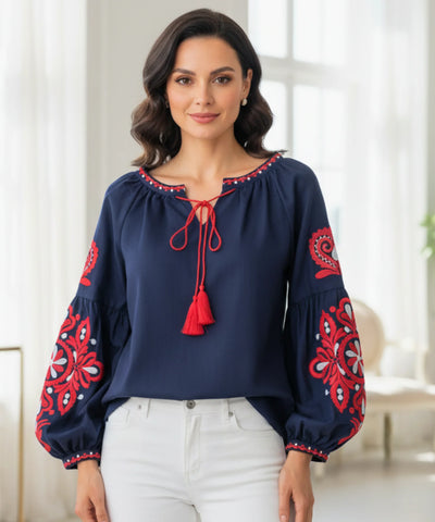 Comprar blusa feminina manga bufante bordada decote canoa elegante casual barato ou em promoção