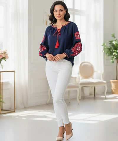 Comprar blusa feminina manga bufante bordada decote canoa elegante casual barato ou em promoção