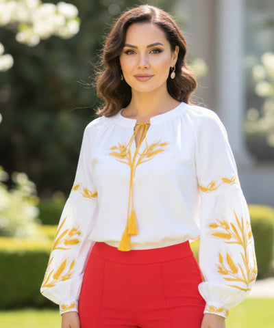 Comprar blusa feminina manga bufante bordada decote canoa elegante casual barato ou em promoção